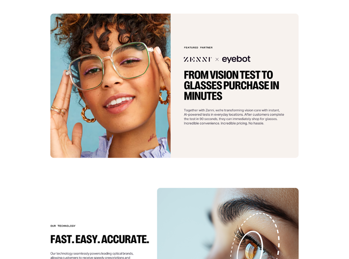 Eyebot — Zenni × Eyebot featured-partner panel: vision test to glasses purchase in minutes