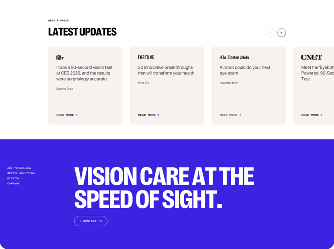 Eyebot — news + press grid (ZDNET, Fortune, Boston Globe, CNET) and 'Vision care at the speed of sight' CTA