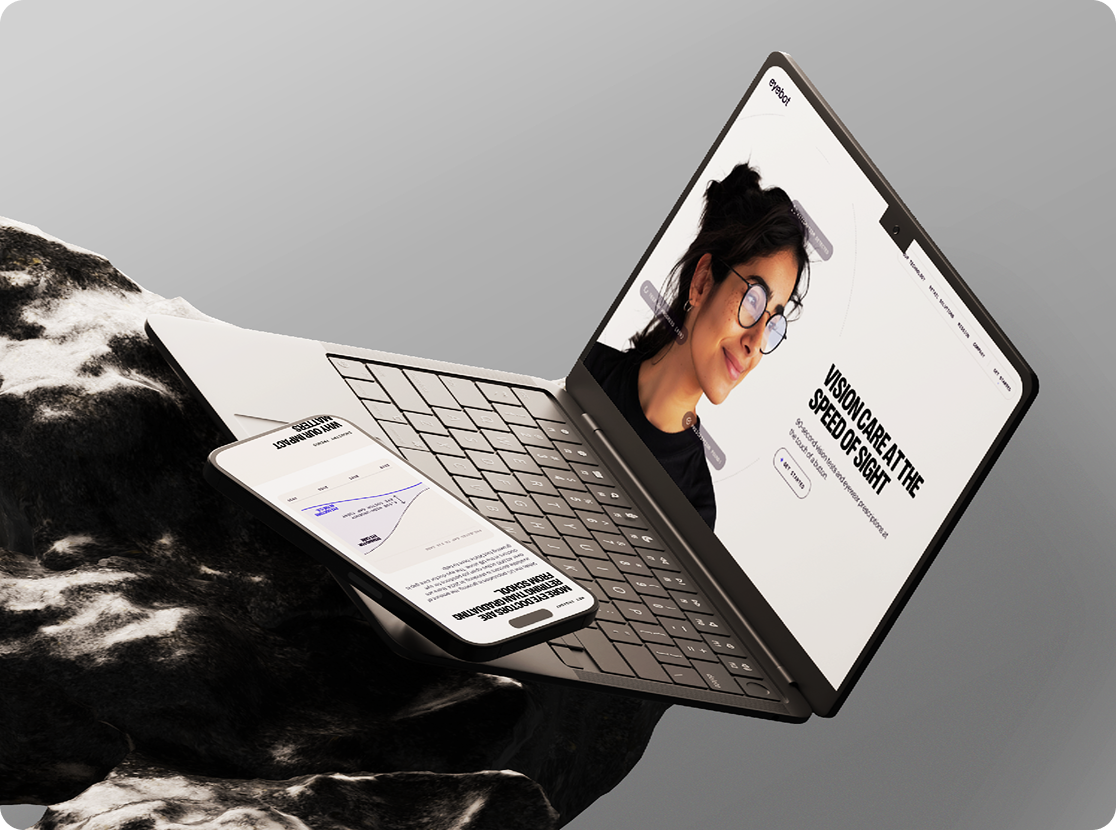 Eyebot — marketing site mockup with laptop + phone showing 'Vision care at the speed of sight'