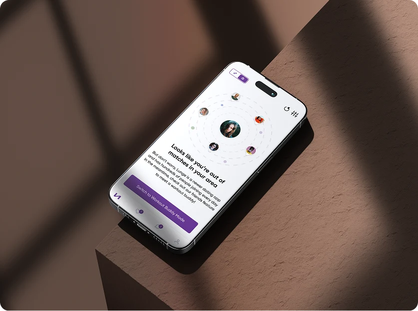 Lunge — 'Looks like you're out of matches in your area' screen with the orbital nearby-matches view