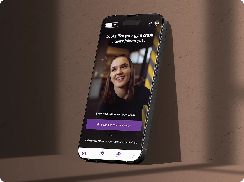 Lunge — 'Looks like your gym crush hasn't joined yet' with a Switch to Match Nearby prompt