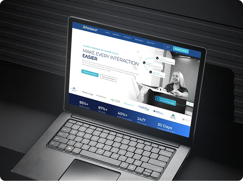 Parlance — desktop homepage: 'Make every interaction easier' clinic landing page