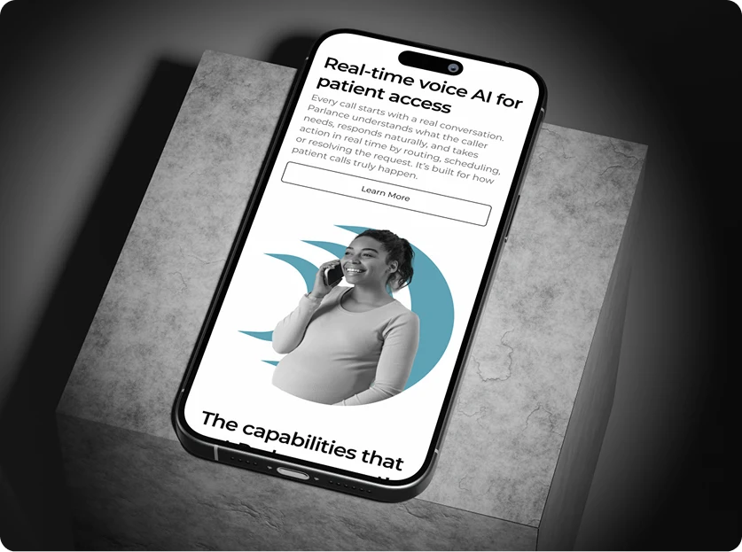 Parlance — mobile detail: 'Real-time voice AI for patient access' section